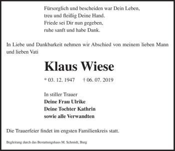 Traueranzeige von Klaus Wiese  von Magdeburger Volksstimme