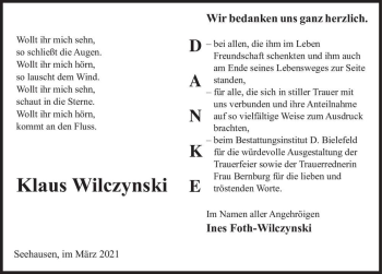 Traueranzeige von Klaus Wilczynski  von Magdeburger Volksstimme