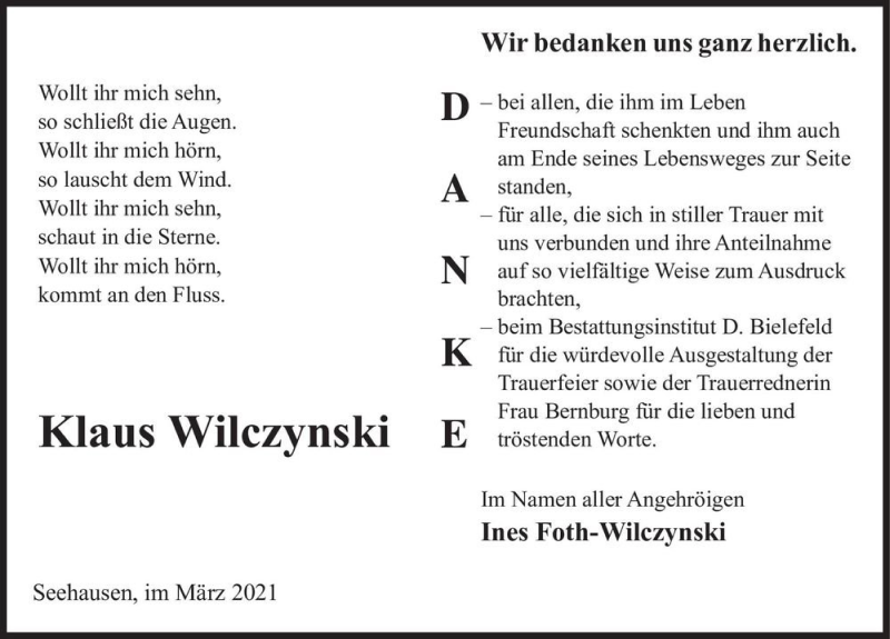  Traueranzeige für Klaus Wilczynski  vom 17.04.2021 aus Magdeburger Volksstimme