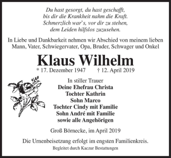 Traueranzeige von Klaus Wilhelm  von Magdeburger Volksstimme