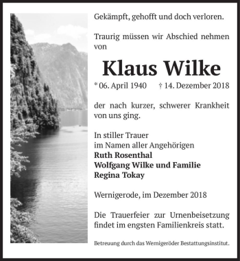 Traueranzeige von Klaus Wilke  von Magdeburger Volksstimme