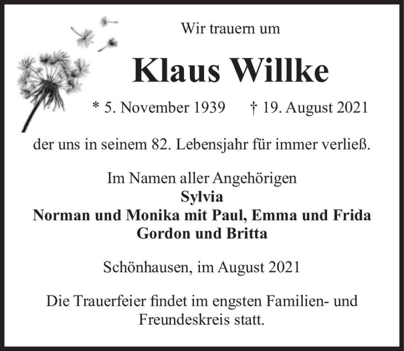  Traueranzeige für Klaus Willke  vom 28.08.2021 aus Magdeburger Volksstimme