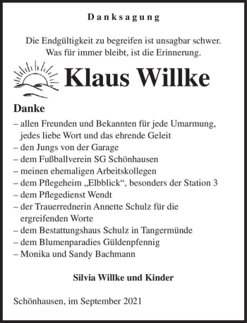 Traueranzeige von Klaus Willke  von Magdeburger Volksstimme