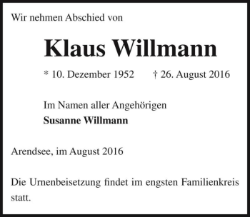 Traueranzeige von Klaus Willmann  von Magdeburger Volksstimme