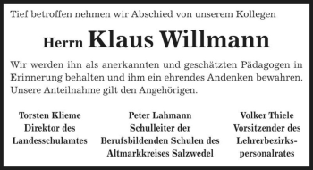 Traueranzeige von Klaus Willmann  von Magdeburger Volksstimme