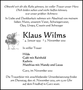 Traueranzeige von Klaus Wilms  von Magdeburger Volksstimme