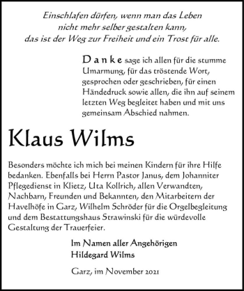 Traueranzeige von Klaus Wilms  von Magdeburger Volksstimme