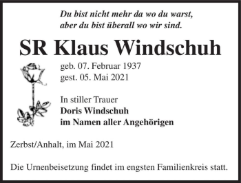 Traueranzeige von Klaus Windschuh  von Magdeburger Volksstimme