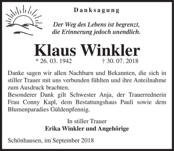 Traueranzeige von Klaus Winkler  von Magdeburger Volksstimme