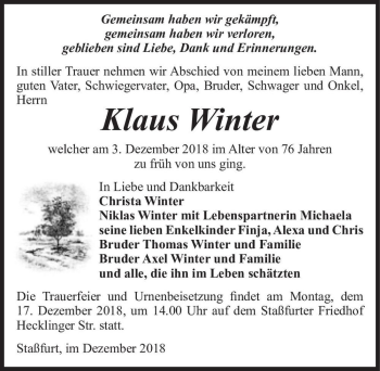 Traueranzeige von Klaus Winter  von Magdeburger Volksstimme