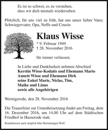 Traueranzeige von Klaus Wisse  von Magdeburger Volksstimme