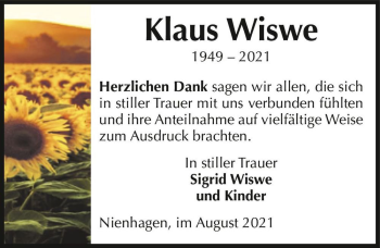 Traueranzeige von Klaus Wiswe  von Magdeburger Volksstimme