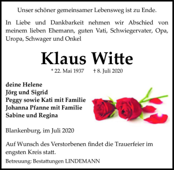 Traueranzeige von Klaus Witte  von Magdeburger Volksstimme