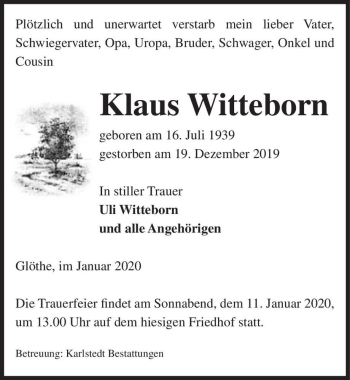 Traueranzeige von Klaus Witteborn  von Magdeburger Volksstimme