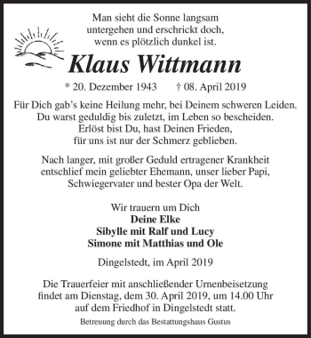 Traueranzeige von Klaus Wittmann  von Magdeburger Volksstimme