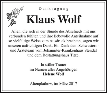 Traueranzeige von Klaus Wolf  von Magdeburger Volksstimme