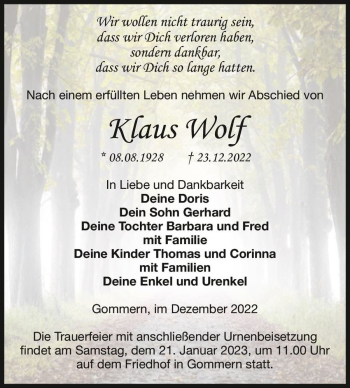 Traueranzeige von Klaus Wolf  von Magdeburger Volksstimme