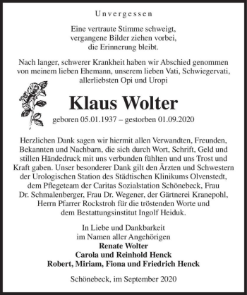 Traueranzeige von Klaus Wolter  von Magdeburger Volksstimme