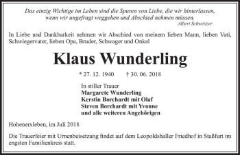 Traueranzeige von Klaus Wunderling  von Magdeburger Volksstimme