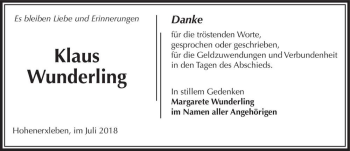 Traueranzeige von Klaus Wunderling  von Magdeburger Volksstimme