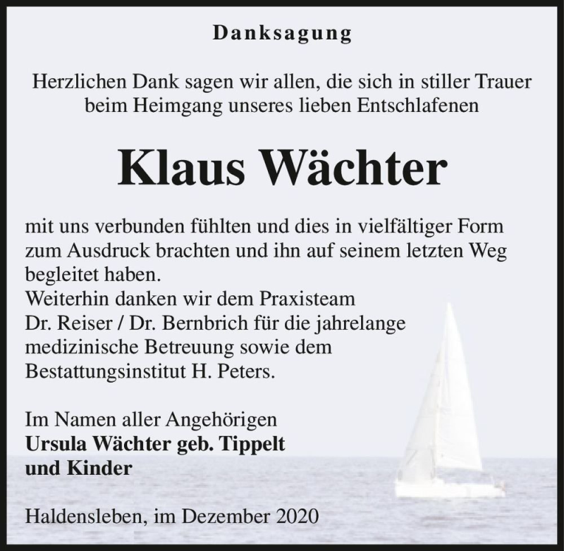  Traueranzeige für Klaus Wächter  vom 09.12.2020 aus Magdeburger Volksstimme