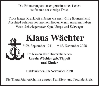 Traueranzeige von Klaus Wächter  von Magdeburger Volksstimme