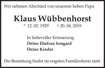 Traueranzeige von Klaus Wübbenhorst  von Magdeburger Volksstimme