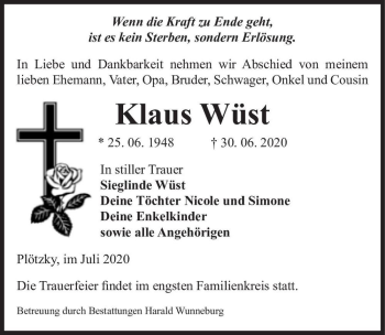 Traueranzeige von Klaus Wüst  von Magdeburger Volksstimme