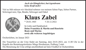 Traueranzeige von Klaus Zabel  von Magdeburger Volksstimme