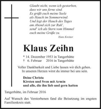 Traueranzeige von Klaus Zeihn  von Magdeburger Volksstimme