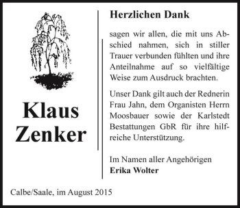 Traueranzeige von Klaus Zenker  von Magdeburger Volksstimme