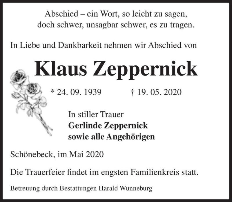  Traueranzeige für Klaus Zeppernick  vom 23.05.2020 aus Magdeburger Volksstimme
