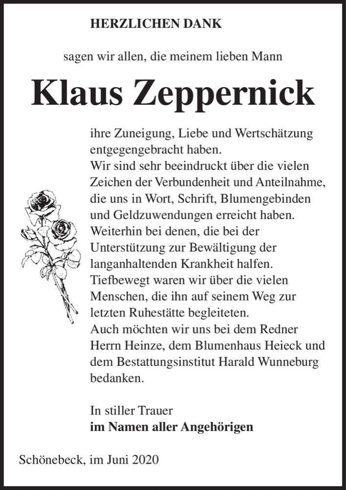  Traueranzeige für Klaus Zeppernick  vom 13.06.2020 aus Magdeburger Volksstimme