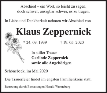 Traueranzeige von Klaus Zeppernick  von Magdeburger Volksstimme