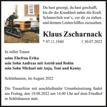 Traueranzeige von Klaus Zscharnack  von Magdeburger Volksstimme