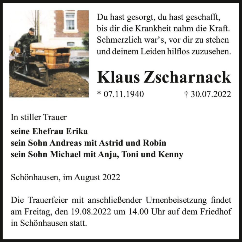  Traueranzeige für Klaus Zscharnack  vom 06.08.2022 aus Magdeburger Volksstimme