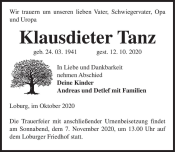 Traueranzeige von Klausdieter Tanz  von Magdeburger Volksstimme