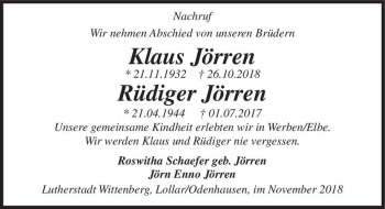 Traueranzeige von Klaus und Rüdiger Jörren  von Magdeburger Volksstimme