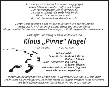 Traueranzeige von Klaus “Pinne“ Nagel  von Magdeburger Volksstimme