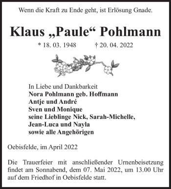 Traueranzeige von Klaus „Paule“ Pohlmann  von Magdeburger Volksstimme