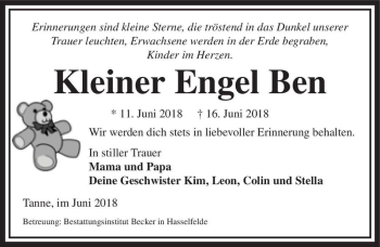 Traueranzeige von Kleiner Engel Ben  von Magdeburger Volksstimme