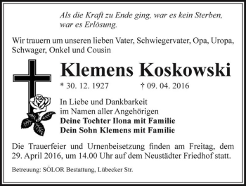 Traueranzeige von Klemens Koskowski  von Magdeburger Volksstimme