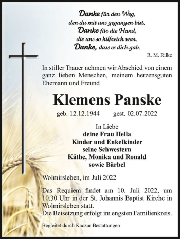Traueranzeige von Klemens Panske  von Magdeburger Volksstimme