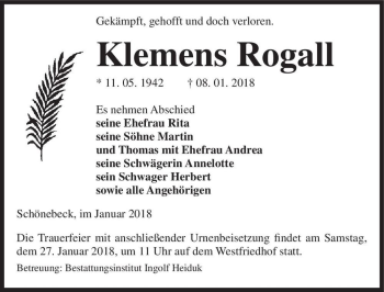 Traueranzeige von Klemens Rogall  von Magdeburger Volksstimme