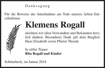 Traueranzeige von Klemens Rogall  von Magdeburger Volksstimme