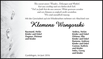 Traueranzeige von Klemens Wongorski  von Magdeburger Volksstimme