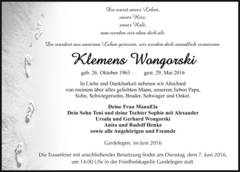 Traueranzeige von Klemens Wongorski  von Magdeburger Volksstimme