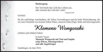 Traueranzeige von Klemens Wongorski  von Magdeburger Volksstimme