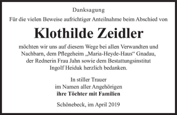 Traueranzeige von Klothilde Zeidler  von Magdeburger Volksstimme