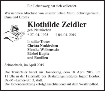 Traueranzeige von Klothilde Zeidler (geb. Neukirchen)  von Magdeburger Volksstimme